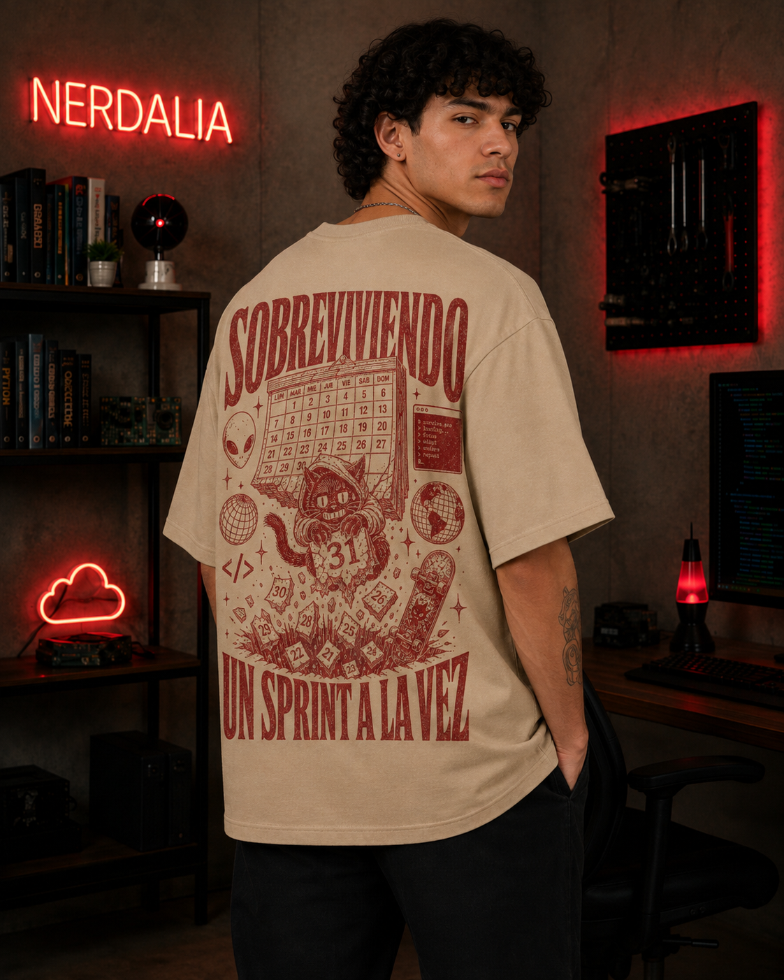 Modelo de espalda con la playera Un sprint a la vez en color arena, vista completa de la estampa