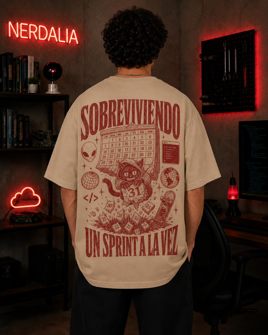 Playera Un sprint a la vez en color arena vista de frente; SOBREVIVIENDO va pequeño al pecho