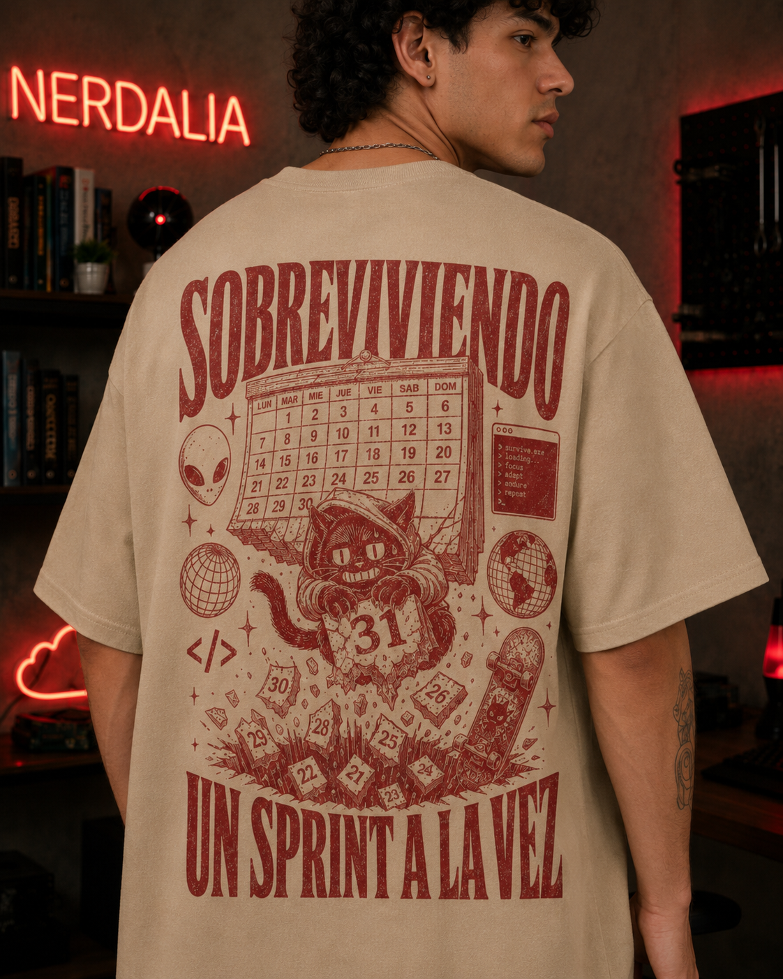Modelo de espalda con la playera Un sprint a la vez en color arena; la estampa en rojo óxido ocupa toda la espalda