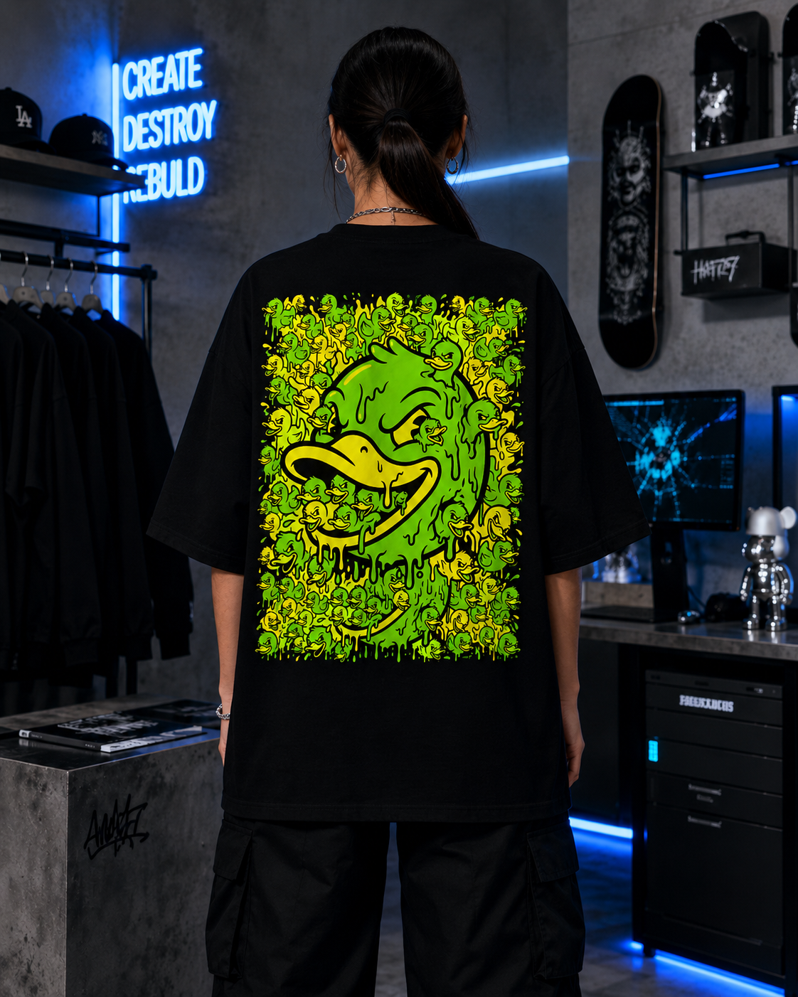Playera Demasiados bugs vista de frente; la frase en amarillo goteando va al pecho