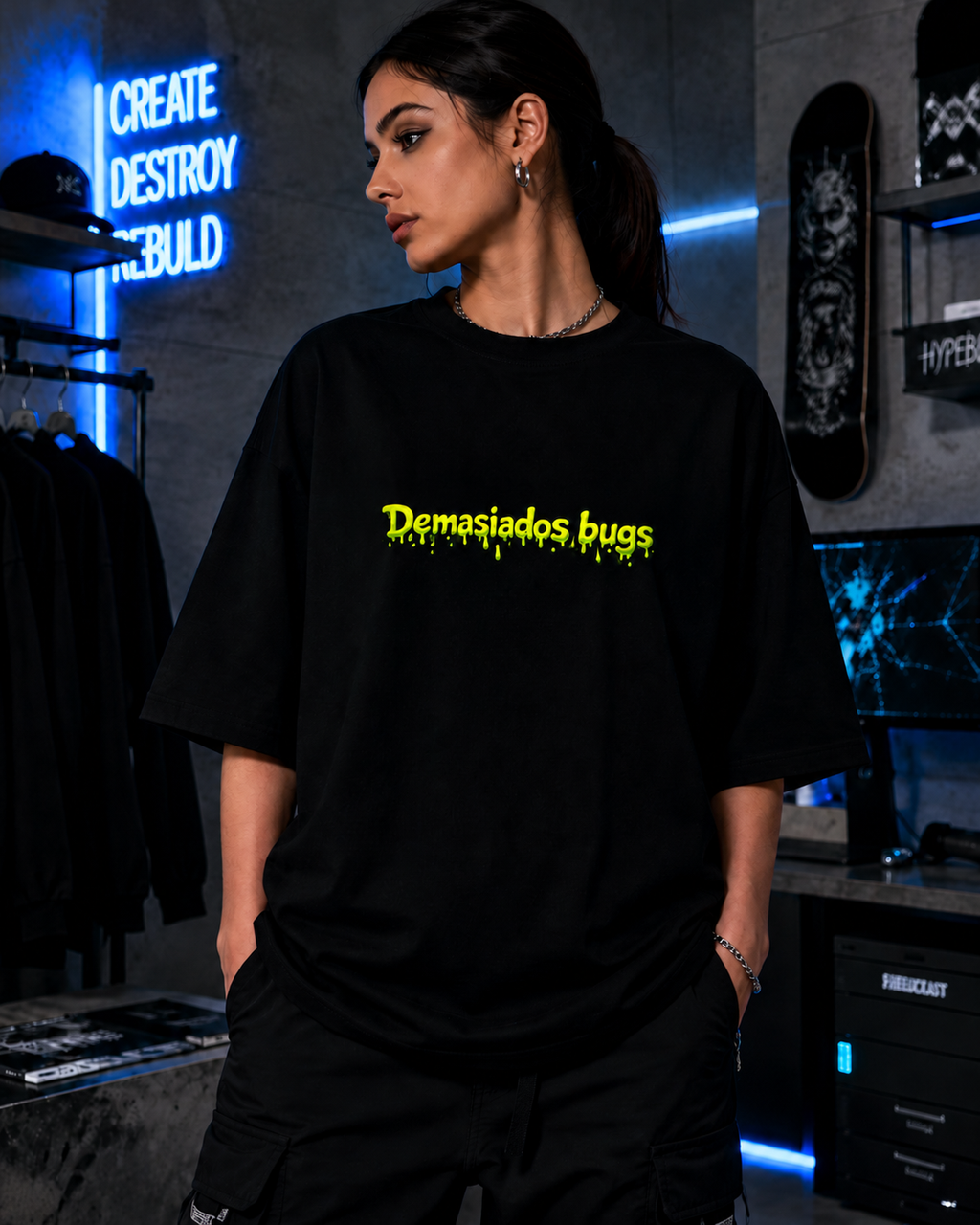 Modelo de espalda con la playera Demasiados bugs en una tienda con letreros de neón