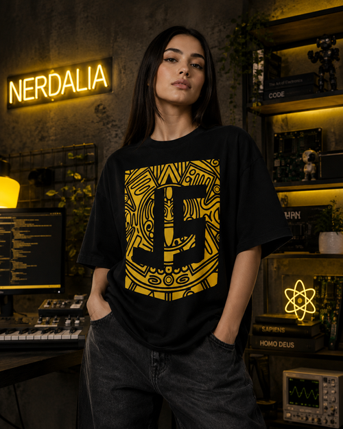 Modelo con la playera JavaScript oversize; el logo JS amarillo sobre grecas mesoamericanas