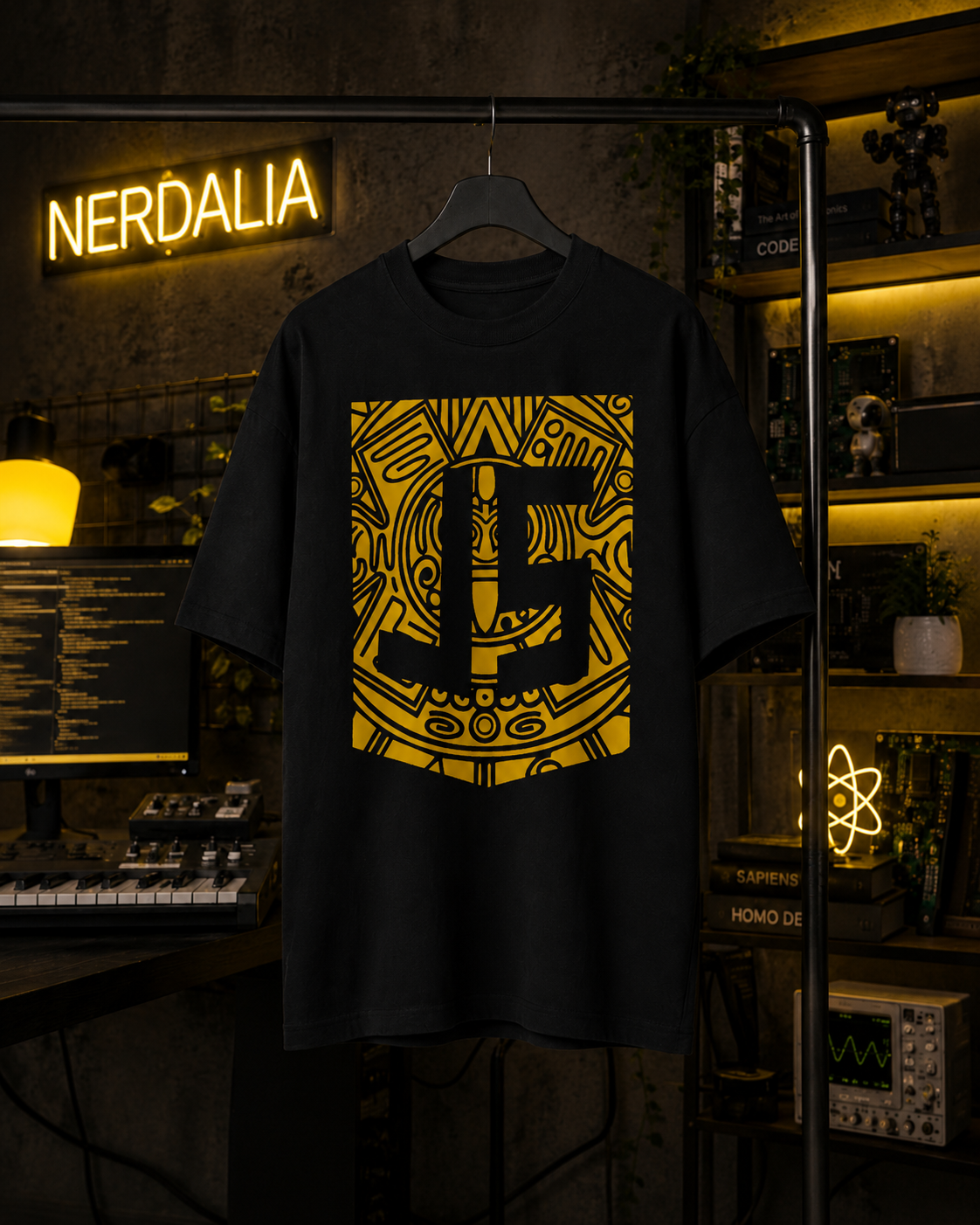 Modelo con la playera JavaScript oversize en un taller con osciloscopio y letrero de Nerdalia