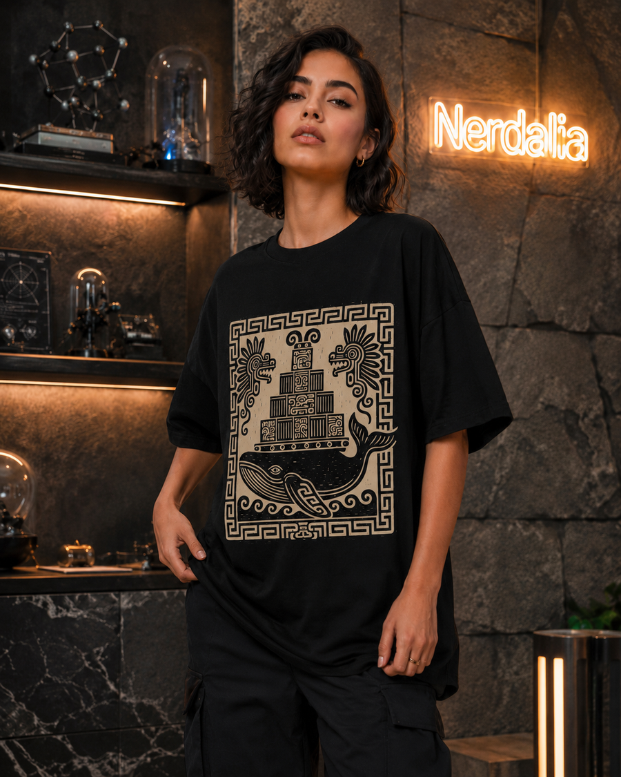 Modelo de espalda con la playera Docker oversize; la ballena entre grecas ocupa toda la espalda