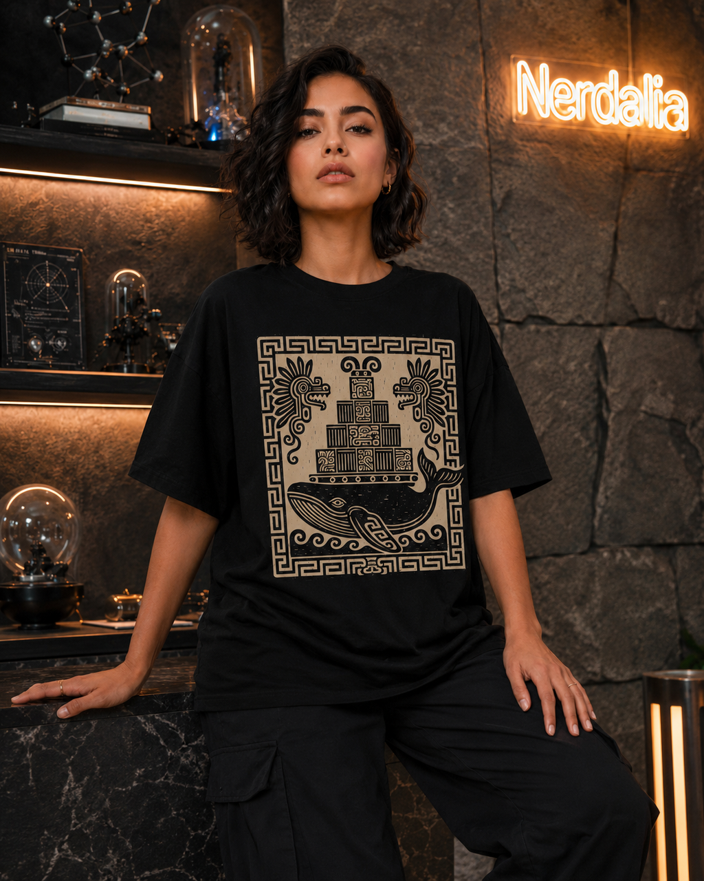 Modelo con la playera Docker oversize en un interior con luz cálida y letrero de Nerdalia