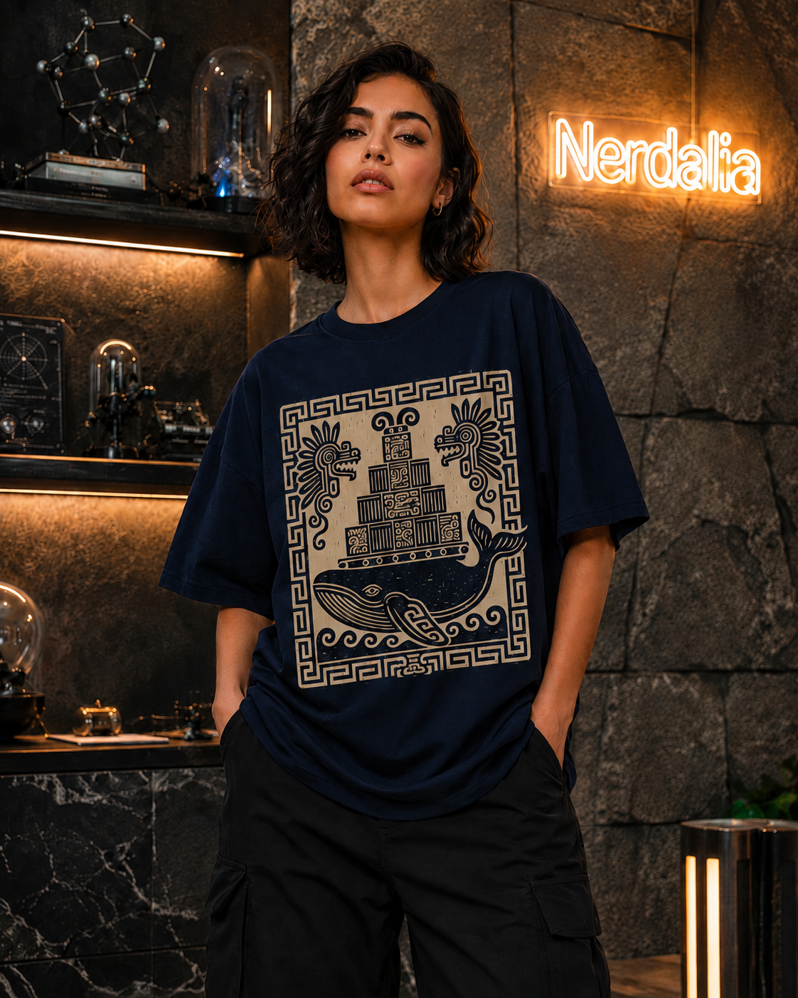 Playera Docker oversize vista de cerca, detalle del estampado de la ballena en tono hueso
