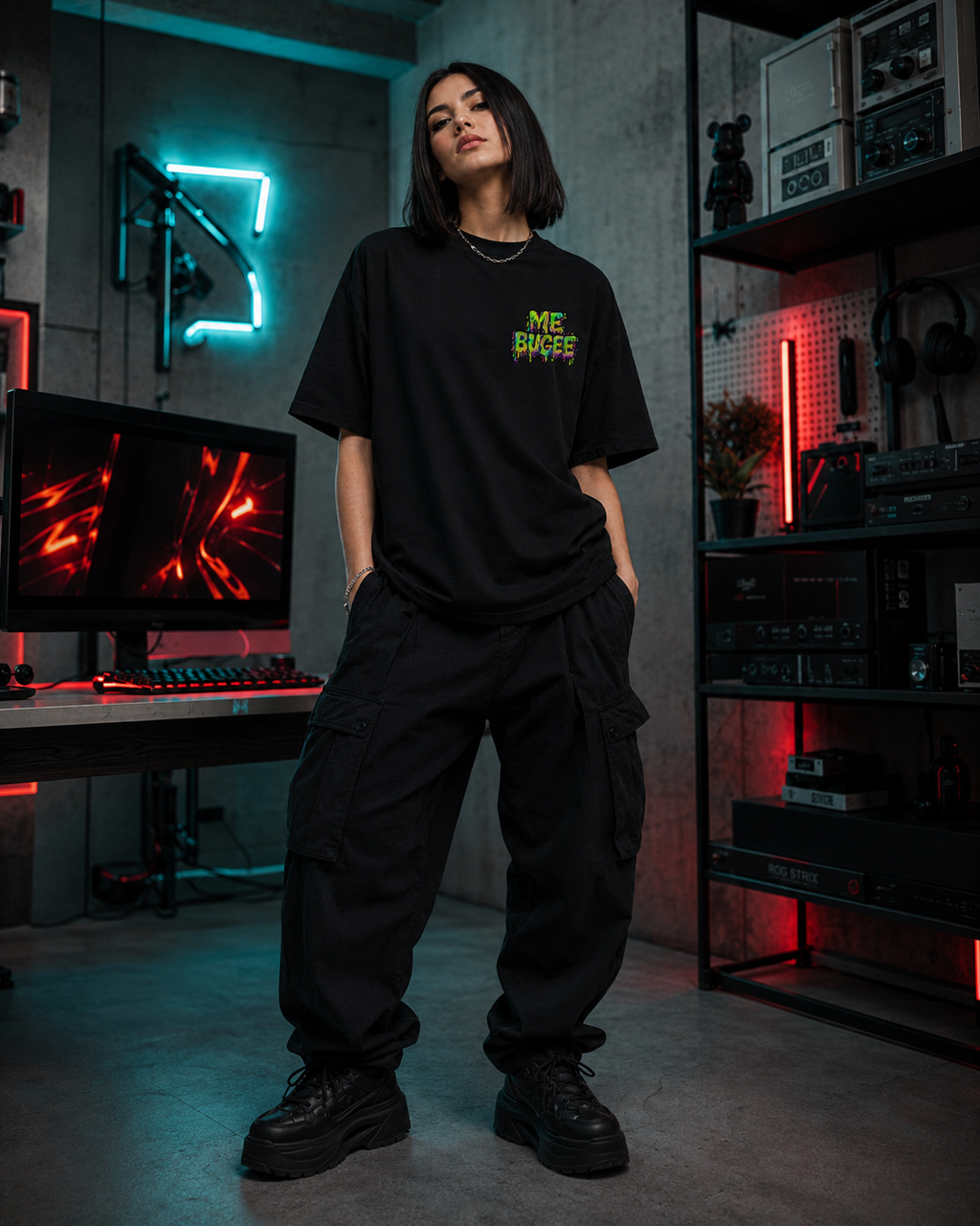 Modelo de frente con la playera Me bugeé; el estampado ME BUGEE va pequeño al pecho, en un setup con luz neón