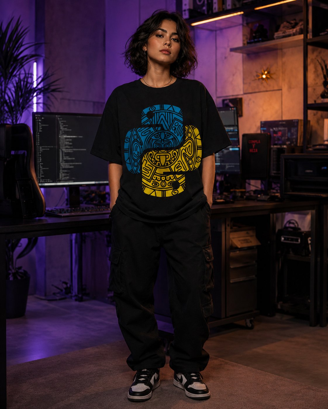 Playera Python oversize vista de cerca, detalle del estampado en azul y amarillo