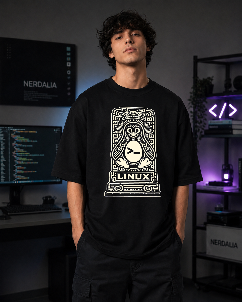Modelo con la playera Linux oversize de cuerpo entero, en un escritorio con monitores y luz morada