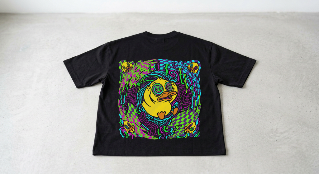 Espalda de la playera con un rubber duck entre glitches, espirales y colores neón