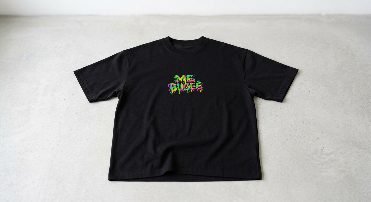 Playera negra oversize con el estampado frontal “ME BUGEE” en letras pequeñas
