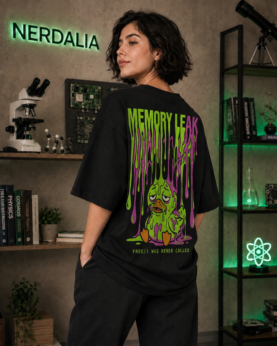 Modelo de espalda con la playera Memory Leak; el pato derritiéndose en verde y morado ocupa toda la espalda